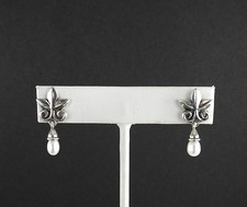 Retired James Avery Scroll Fleur de Lis Freshwater Pearl Earrings Drop Dangle picture