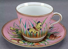 British Hand Painted Butterflies Pompadour Pink & Gold Coffee Cup & Saucer B picture