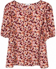 PLEIONE Anthropologie Abstract Blouse Size XL Burgundy Rust Puff Sleeve Top Fall picture