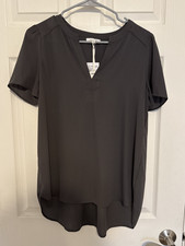 Pleione Womens XS Gray Olive V-Neck Blouse Short Sleeve High Low NWT picture