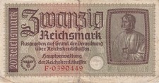 Currency Germany 1940 WW2 Fascism War Era 20 Reichsmark Zwanzig Circulated WORN picture