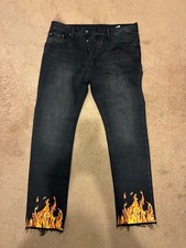 MNML Black Flame Jeans Men’s Denim Size 34 Raw Hem Y2K Streetwear picture