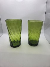 2 Vtg Hand Blown Green Tumbler Suspended Bubbles Drinking Art Glasses Set 16 Oz. picture