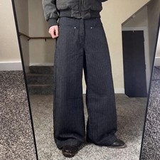 Y2K Baggy Wide Leg Pinstripe Trousers Black Skater Style Low Rise 32 X 30 picture