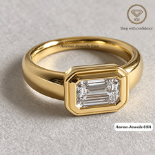 IGI 3Ct Emerald F VVS2 Lab Grown Diamond Bezel Mens Ring 14K Yellow Gold picture