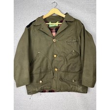 Vintage 50s French Hunting Jacket Olive Green Canvas Plaid Lining Brass Buttons picture
