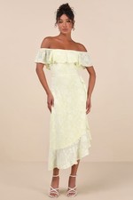 Lulus Pretty Perfect Dress Large Midi Yellow Floral Burnout Off Shoulder NWT picture