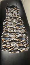 Women's Ruched Maxi Dress Abstract Print Black Tan Blue Cream Spaghetti Strap Si picture