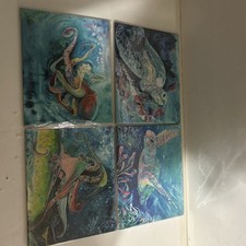 Vintage Jen Callahan Sea Turtle Octopus Tile Art Signed 8”x10” Colorful 4 Pcs picture