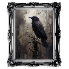 Dark Moody Raven in Woodland Gothic Wall Art Moonlit Wildlife Painting Gothic De picture