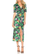 $760 SALONI Green Floral Botanical Print EDEN Satin Silk Hi-Slit Midi Dress Sz:2 picture