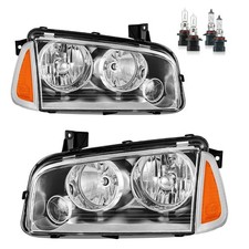 Pair Headlights For 2006-2010 Dodge Charger Chrome Amber Headlamps w/ Bulbs picture