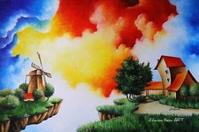 Original oil on canvas Fantasy art landscape sky flying island windmill painting picture