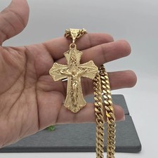 Large Ornate Crucifix Necklace, 7mm Cuban Chain, 14k Heavy Plated, Unisex picture