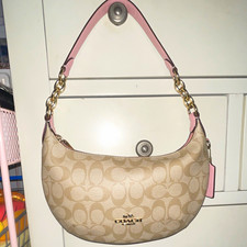 Coach Monogram Crescent Shoulder Bag Zip Gold Hardware Pink Leather Strap picture