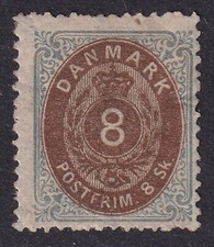DENMARK 1870 Numeral 8sk Yellow-Brown and Grey SG 46 MH/* (CV £250) picture