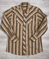 Vintage Western Pearl Snap Shirt Mens 15.5 S Brown Striped Metallic Lurex Yoke picture