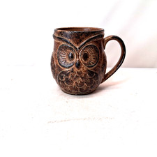 Vintage 1970s Owl Mug Brown Stoneware Ceramic Raised Relief Woodland Retro Cup picture
