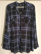 Torrid-Black Blue White Plaid Long Roll Tab Sleeve Rayon Button Shirt Top-2X picture