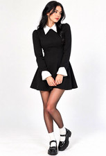 ROMWE Womens XS Black White Contrast Collar Fit Flare Mini Dress NWT Gothic picture