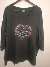 Catherines 3X Black Cotton V-Neck Top with Pink Floral Heart Love Design picture