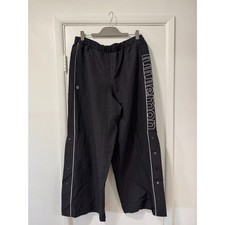 Lululemon Logo Print Woven Track Pants Black White Snap Side Wide Leg XL picture
