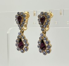 Vintage Signed Crown Trifari Emerald Green Rhinestone Drop Earrings Clip-On Gold picture