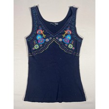 RXB Womens Navy Blue Ribbed Cotton Floral Embroidered V-Neck Tank Top Size M picture