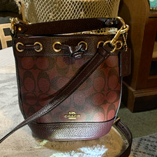 Coach Signature Monogram Bucket Drawstring Bag Brown, Gold Hardware, Adjustable picture