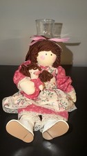 Vintage Handmade Rag Doll Holding Baby With Floral Dress picture