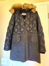 Eddie Bauer Women's Lanely Down Coat Hooded Faux Fur Trim Full Zip Black/Gray L picture