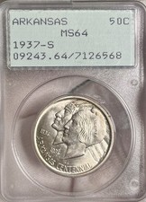 1937-S PCGS MS 64 Arkansas Silver Commemorative Coin. Old Green Rattler. OGH picture