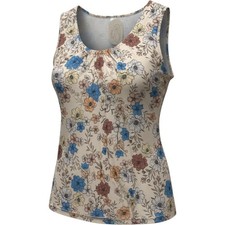 New Women Floral Sleeveless Pleated Scoop Neck Tank Top Cream Blue Orange L picture
