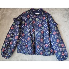 Eloquii Elements Jacket Womens 18/20 Navy Blue Floral Quilted Ruffle Zip Bomber picture
