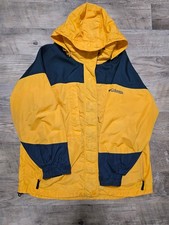 Vintage 90s Columbia Rain Jacket Womens L Yellow Navy Colorblock Hooded Shell picture