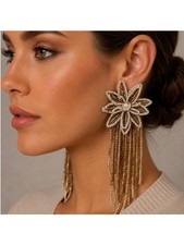 NWT Deepa Gurnani Gold & White Beaded Fringe Earrings picture
