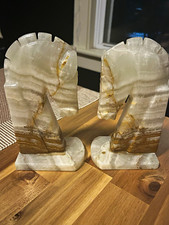 Vintage Mexican Onyx Horse Head Bookends Pair 7” Carved Stone MCM 1960s-70s picture