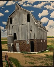 ORIGINAL PAINTING ON CANVAS BRICK 3 STORY  BARN IN MALCOLM IOWA, 16x 20in Large picture