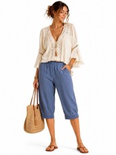 Pure J. Jill 100% Linen Capris Cropped Pants MP Blue Pull On Boho Lagenlook picture