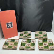 Vintage Tachikichi Seto Ware 5pc Plate Set Ichimatsu Oribe Shino Checkered W.box picture