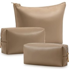 3 Piece Leather Makeup Bag Set Mothers Day Women Gifts PU Leather khaki picture
