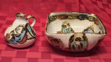 Antique Japanese Ogata Kenzan Style Stoneware Pitcher Bowl Set Scholar Figures picture