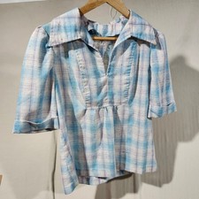 Handmade Vintage Blue Plaid Tunic Top Short Sleeve V-Neck Rainbow 70s Retro Boho picture