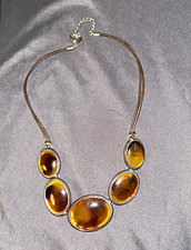 Chico's Faux Amber Resin Statement Necklace Oval Cabochon Brown Cord Signed X 5 picture