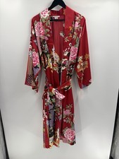 Natori Kimono Robe boho Floral Satin Belted Asian Print Retro large 180$ NWT picture
