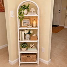 Vintage Pier 1 Imports White Wicker Arched Etagere Bookcase Cottage Core picture