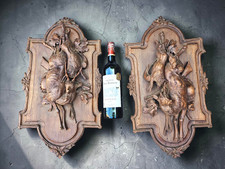 PAIR antique 19thc black forest carved wood hunting trophy plaques deer hare fox picture