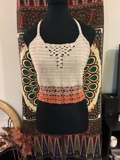 Handmade Crochet Halter top having unique body pattern, Cream & Pink/ Coral Trim picture