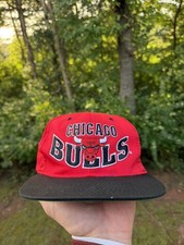 Vintage 90s Chicago Bulls Snapback Hat Blockhead Spellout Cap Black Red Youngan picture