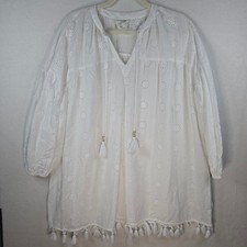 Cynthia Rowley White Eyelet Tunic Top Tassel Fringe Cotton Blouse Large picture